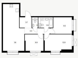 Планировка трехкомнатной(квартира) площадью 70 квадратных метров в ЖК “ЖК Первый Дубровский”