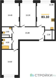 Планировка трехкомнатной(квартира) площадью 83.1 квадратных метров в ЖК “ЖК Переделкино Ближнее”
