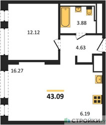 Планировка однокомнатной(квартира) площадью 43.09 квадратных метров в ЖК “ЖК Новое Внуково”
