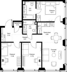 Планировка трехкомнатной(квартира) площадью 80.74 квадратных метров в ЖК “ЖК СЕТ”