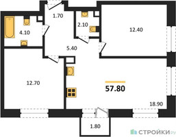 Планировка двухкомнатной(квартира) площадью 57.8 квадратных метров в “ЖК Shagal (Шагал)”