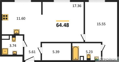 Планировка однокомнатной(квартира) площадью 64.6 квадратных метров в ЖК “Квартал Foriver”