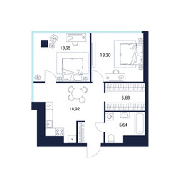 Планировка двухкомнатной(апартаменты) площадью 57.5 квадратных метров в ЖК “МФК DIUS (Диус)”