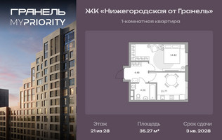 Планировка однокомнатной(квартира) площадью 35.27 квадратных метров в “ЖК Нижегородская от Гранель”