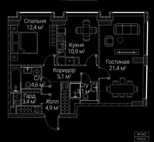 Планировка двухкомнатной(квартира) площадью 65.8 квадратных метров в “ЖК СЕЗАР БУДУЩЕЕ”