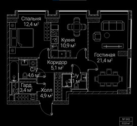 Планировка двухкомнатной(квартира) площадью 65.8 квадратных метров в ЖК “ЖК СЕЗАР БУДУЩЕЕ”