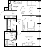 Планировка двухкомнатной(квартира) площадью 64.88 квадратных метров в “ЖК Сити Бэй”