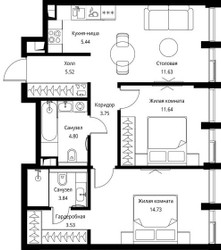 Планировка двухкомнатной(квартира) площадью 64.88 квадратных метров в ЖК “ЖК Сити Бэй”