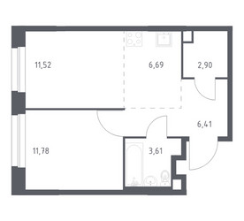 Планировка однокомнатной(квартира) площадью 42.91 квадратных метров в ЖК “ЖК ЭкоБунино (Южное Бунино)”