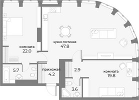 Планировка двухкомнатной(апартаменты) площадью 106 квадратных метров в “ЖК Sky View (Скай Вью)”