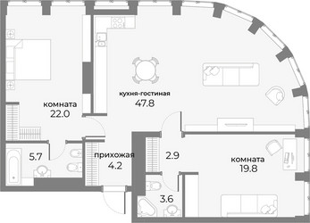 Планировка двухкомнатной(апартаменты) площадью 106 квадратных метров в ЖК “ЖК Sky View (Скай Вью)”