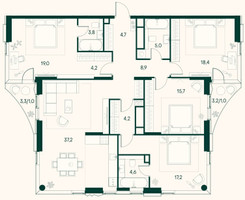 Планировка 4+ комнатной(квартира) площадью 144.9 квадратных метров в “ЖК Клубный город на реке Primavera (Примавера)”