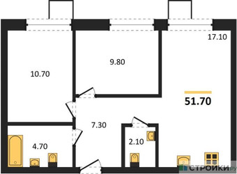 Планировка двухкомнатной(квартира) площадью 51.7 квадратных метров в ЖК “ЖК Никольский квартал Отрада”
