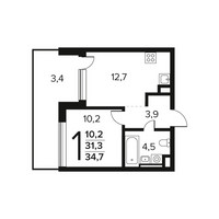 Планировка однокомнатной(квартира) площадью 34.7 квадратных метров в “Новые Ватутинки. Заречный”