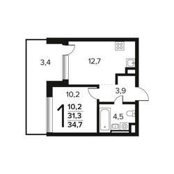 Планировка однокомнатной(квартира) площадью 34.7 квадратных метров в ЖК “Новые Ватутинки. Заречный”