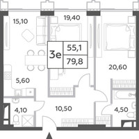 Планировка трехкомнатной(квартира) площадью 79.8 квадратных метров в “ЖК Will Towers (Вилл Тауэрс)”