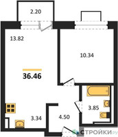 Планировка однокомнатной(квартира) площадью 36.46 квадратных метров в “ЖК Богдановский Лес”