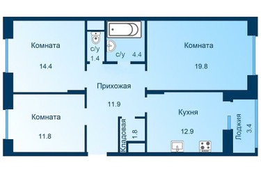 Планировка трехкомнатной(квартира) площадью 80.1 квадратных метров в ЖК “ЖК Эдельвейс (Первомайское)”
