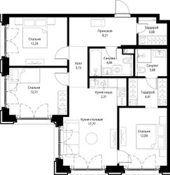 Планировка трехкомнатной(квартира) площадью 84.31 квадратных метров в ЖК “ЖК Сити Бэй”