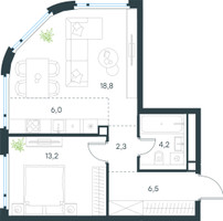 Планировка двухкомнатной(квартира) площадью 51 квадратных метров в “ЖК Левел Нижегородская”