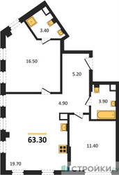 Планировка двухкомнатной(квартира) площадью 63.3 квадратных метров в ЖК “ЖК Sokolinn Park (Соколинн Парк)”