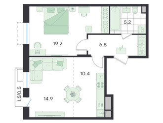 Планировка двухкомнатной(квартира) площадью 57 квадратных метров в ЖК “ЖК G3 Театральный”