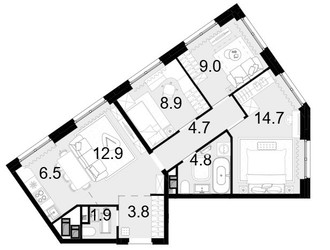 Планировка 4+ комнатной(квартира) площадью 67.2 квадратных метров в ЖК “ЖК Новая Звезда (Газопровод)”