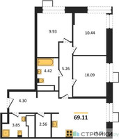 Планировка трехкомнатной(квартира) площадью 69.11 квадратных метров в “ЖК Апарт-отель Тропарево парк”