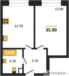 Планировка однокомнатной(квартира) площадью 35.9 квадратных метров в ЖК “ЖК Мираполис”
