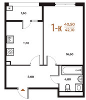 Планировка однокомнатной(квартира) площадью 42.1 квадратных метров в “ЖК Новое Летово”