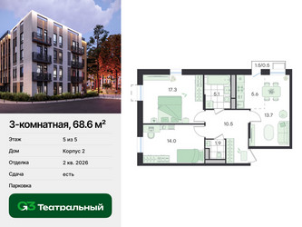 Планировка трехкомнатной(квартира) площадью 68.6 квадратных метров в ЖК “ЖК Театральный”