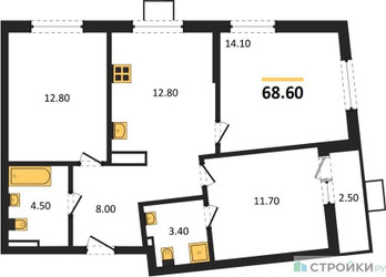 Планировка трехкомнатной(квартира) площадью 68.6 квадратных метров в ЖК “ЖК Деснаречье”