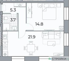 Планировка однокомнатной(квартира) площадью 45.7 квадратных метров в “ЖК ЗИЛАРТ”