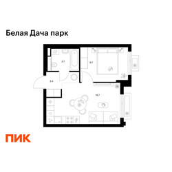 Планировка однокомнатной(квартира) площадью 33.5 квадратных метров в ЖК “ЖК Белая Дача парк”