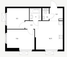 Планировка двухкомнатной(квартира) площадью 48.01 квадратных метров в “ЖК Первый Дубровский”