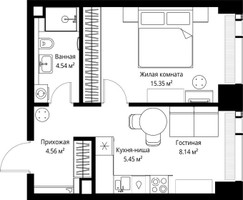 Планировка однокомнатной(квартира) площадью 38.04 квадратных метров в “ЖК Веер”