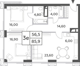 Планировка трехкомнатной(квартира) площадью 85.9 квадратных метров в ЖК “ЖК Will Towers (Вилл Тауэрс)”