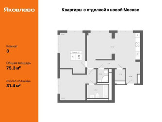 Планировка трехкомнатной(квартира) площадью 75.3 квадратных метров в ЖК “ЖК Яковлево”