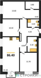 Планировка трехкомнатной(квартира) площадью 86.4 квадратных метров в ЖК “ЖК Квартал Метроном”
