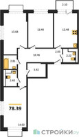 Планировка трехкомнатной(квартира) площадью 78.39 квадратных метров в “ЖК Томилино Парк”
