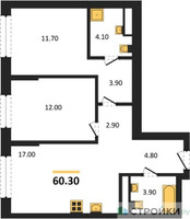 Планировка двухкомнатной(квартира) площадью 60.3 квадратных метров в “Архитектурный проект U2 (ЮТУ)”
