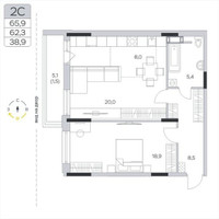 Планировка двухкомнатной(квартира) площадью 62.2 квадратных метров в “ЖК Пироговская Ривьера”