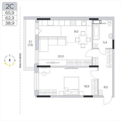 Планировка двухкомнатной(квартира) площадью 62.2 квадратных метров в ЖК “ЖК Пироговская Ривьера”