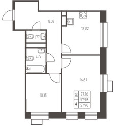 Планировка двухкомнатной(квартира) площадью 58 квадратных метров в ЖК “ЖК Новая Ивантеевка”