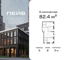 Планировка трехкомнатной(квартира) площадью 82.4 квадратных метров в “ЖК ПЕЙВ”