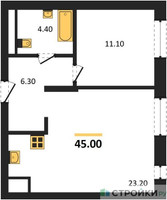 Планировка однокомнатной(квартира) площадью 45 квадратных метров в “ЖК Детали”