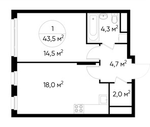 Планировка однокомнатной(квартира) площадью 43.4 квадратных метров в ЖК “ЖК Переделкино Ближнее”
