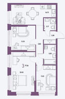 Планировка трехкомнатной(квартира) площадью 77.56 квадратных метров в “ЖК Страна.Парковая”