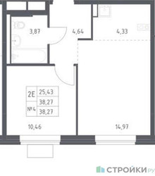 Планировка однокомнатной(квартира) площадью 38.27 квадратных метров в ЖК “ЖК Подольские кварталы”