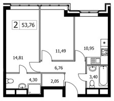 Планировка двухкомнатной(квартира) площадью 53.76 квадратных метров в “ЖК Городские Истории”